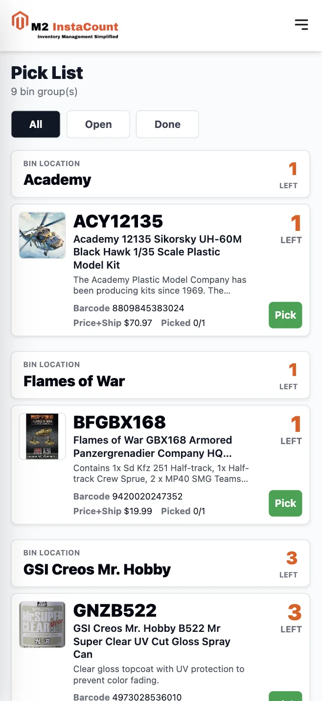 M2 InstaCount mobile picking list grouped by Veeqo bin location with product images, SKUs, descriptions, barcodes, prices, and remaining quantities