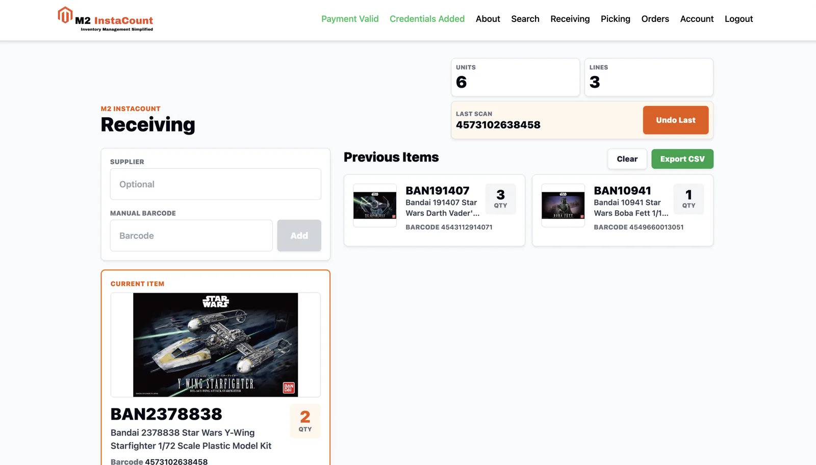 M2 InstaCount receiving workflow showing units, lines, product images, SKUs, barcodes, and receiving history